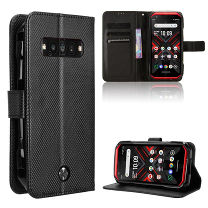 Black leather phone case with textured cover and kickstand; visible camera cutout