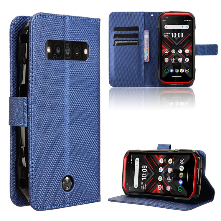 Blue leather phone case with textured cover and kickstand; visible camera cutout