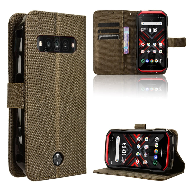 Brown leather phone case with textured cover and kickstand; visible camera cutout