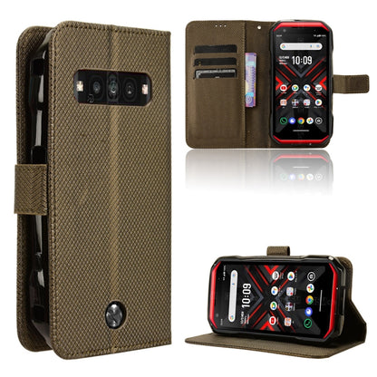 Brown leather phone case with textured cover and kickstand; visible camera cutout