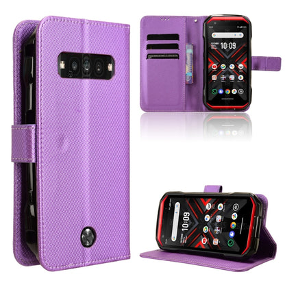 Purple leather phone case with textured cover and kickstand; visible camera cutout
