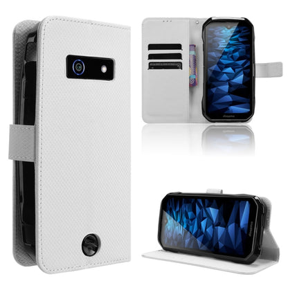 White textured leather phone case with flip cover, card slots, and kickstand view