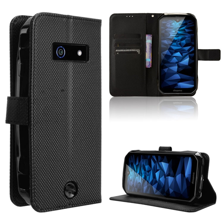 Black textured leather phone case with flip cover, card slots, and kickstand view