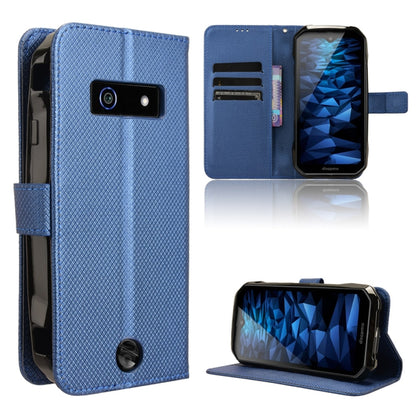 Blue textured leather phone case with flip cover, card slots, and kickstand view