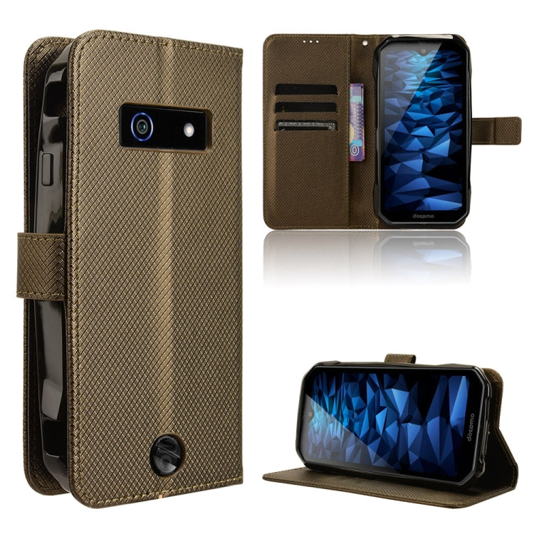 Brown textured leather phone case with flip cover, card slots, and kickstand view