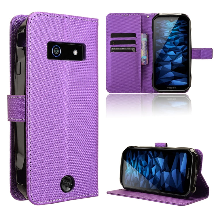 Purple textured leather phone case with flip cover, card slots, and kickstand view