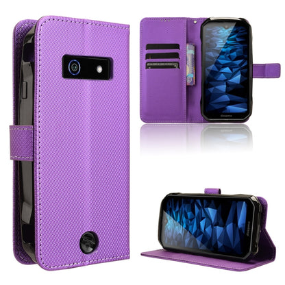 Purple textured leather phone case with flip cover, card slots, and kickstand view