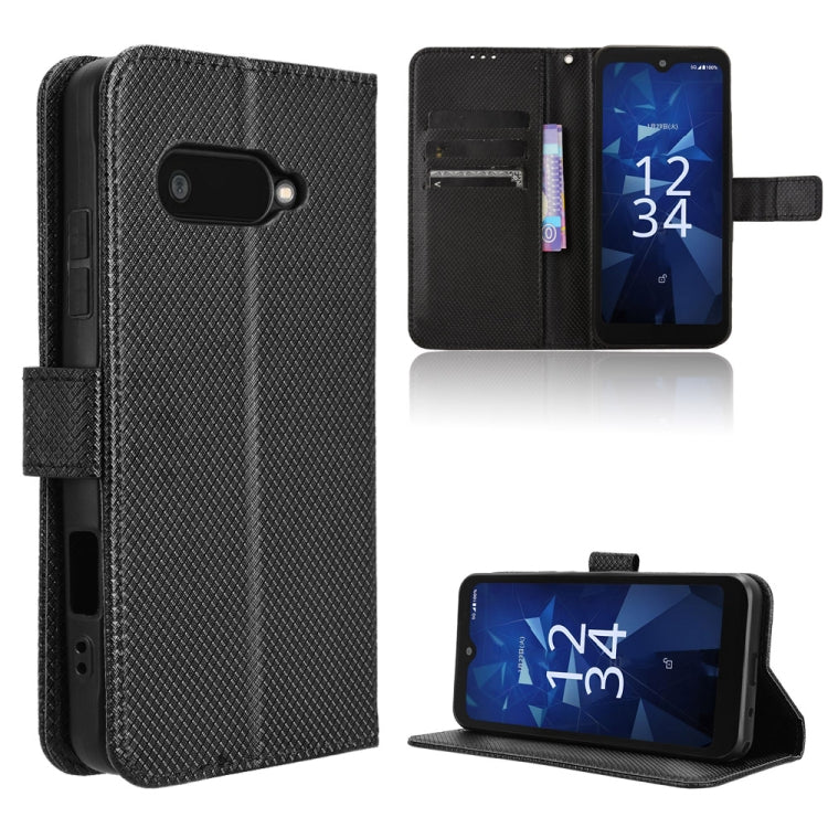 Black diamond-texture leather wallet phone case with flip cover and card slots