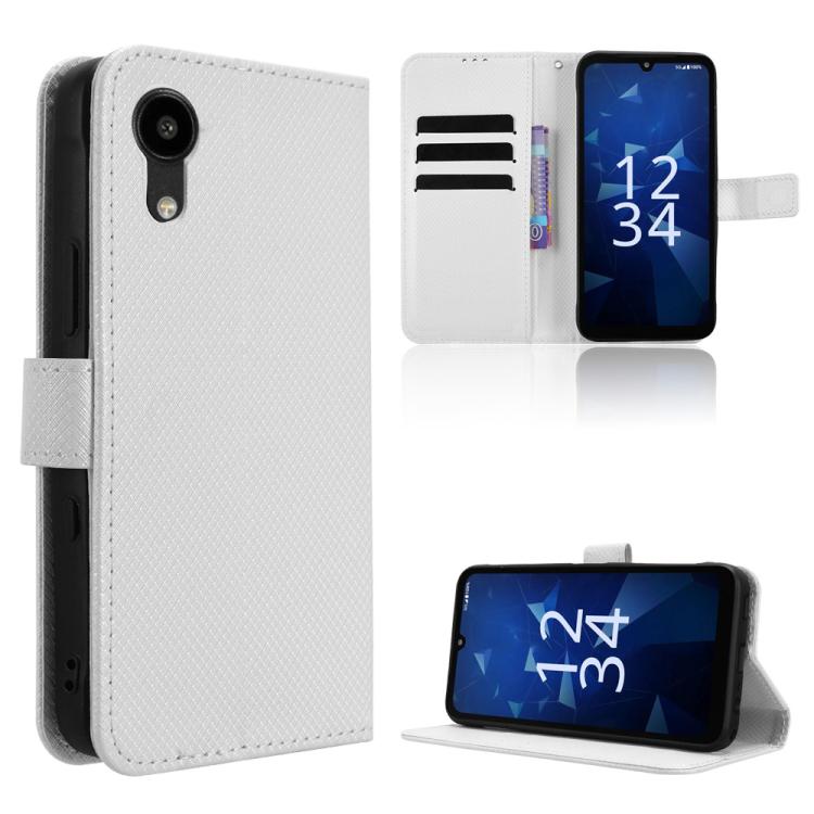 White diamond-texture leather flip phone case with card slots and magnetic closure
