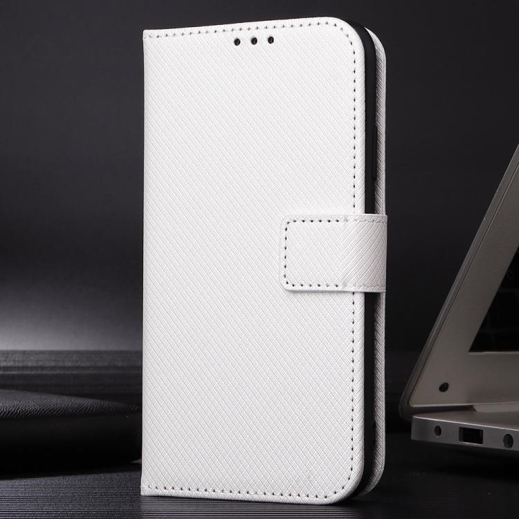 White diamond-texture leather flip case with side strap and stitched fold