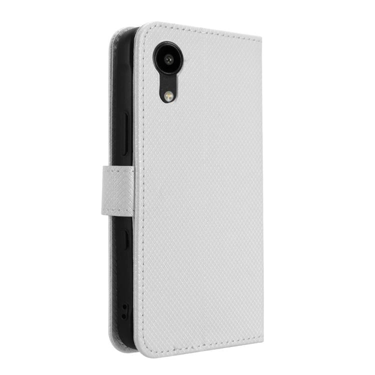 White diamond-texture leather flip phone case with rear camera cutout