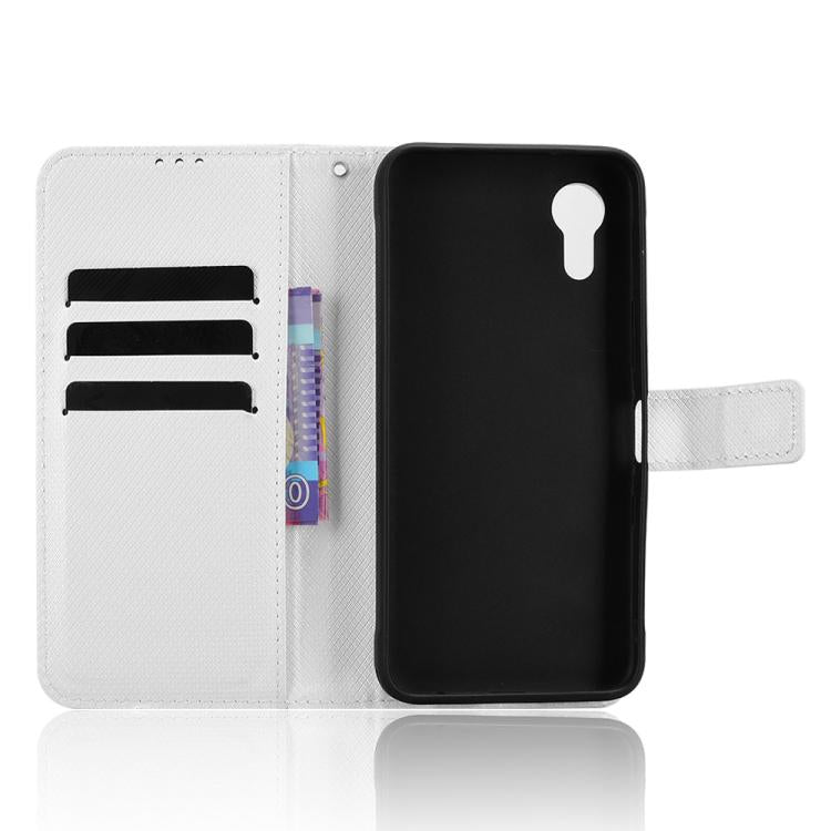 White leather wallet-style phone case with card slots and flip cover