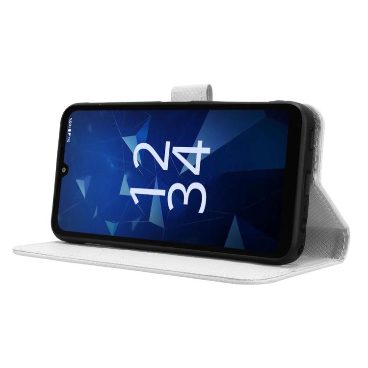 White leather flip phone case with built-in stand viewing at an angle