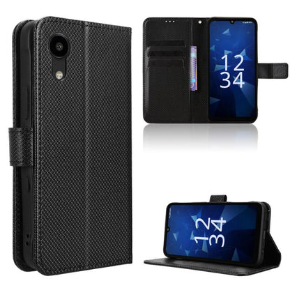 Black diamond-texture leather flip phone case with card slots and magnetic closure