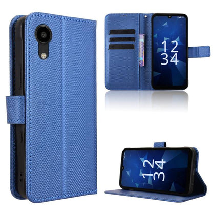 Blue diamond-texture leather flip phone case with card slots and magnetic closure