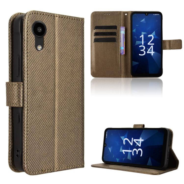 Brown diamond-texture leather flip phone case with card slots and magnetic closure