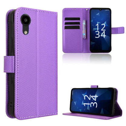 Purple diamond-texture leather flip phone case with card slots and magnetic closure