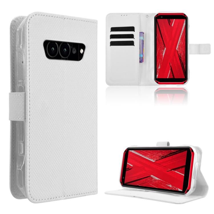 White diamond-texture leather wallet phone case with flip cover and card slots