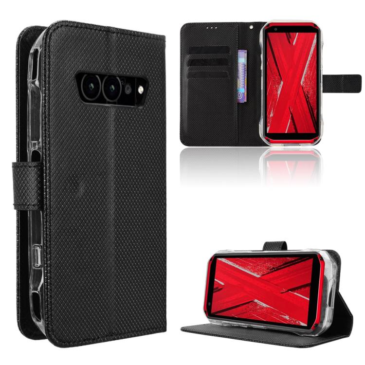 Black diamond-texture leather wallet phone case with flip cover and card slots