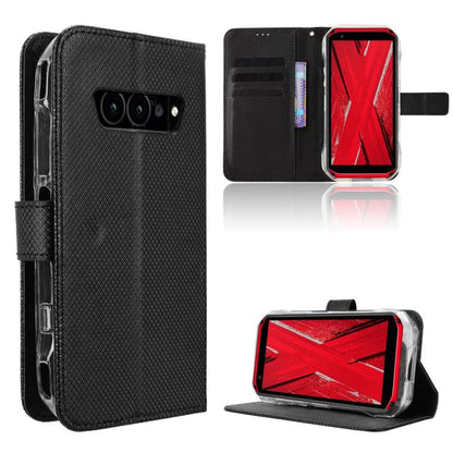 Black diamond-texture leather wallet phone case with flip cover and card slots