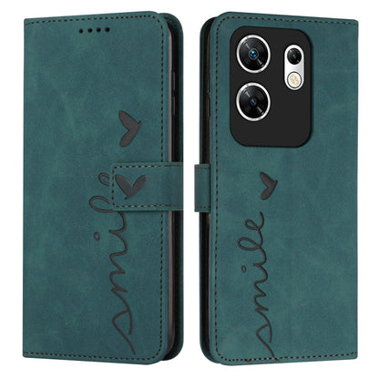 Teal leather wallet phone case with heart embossing, stitched heart-and-name script, flip strap