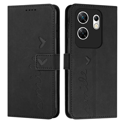 Black leather wallet phone case with heart embossing, stitched heart-and-name script, flip strap