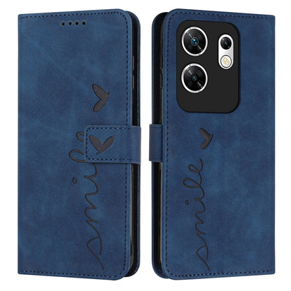 Blue leather wallet phone case with heart embossing, stitched heart-and-name script, flip strap