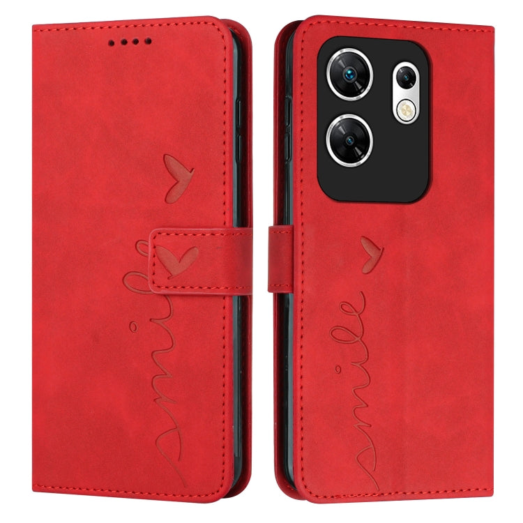 Red leather wallet phone case with heart embossing, stitched heart-and-name script, flip strap