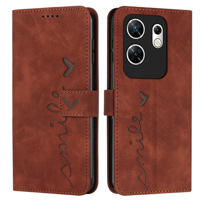 Brown leather wallet phone case with heart embossing, stitched heart-and-name script, flip strap