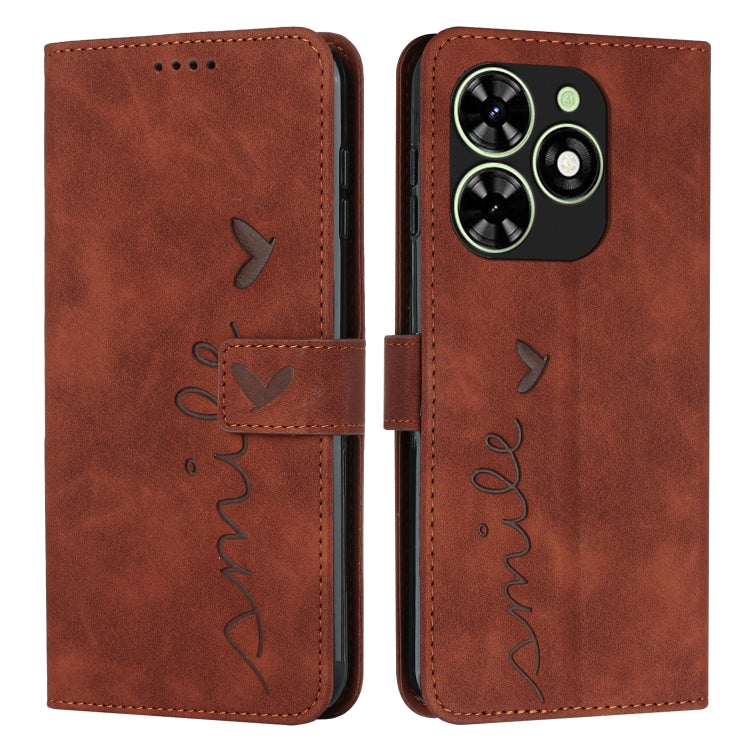Brown leather wallet phone case with heart embossing, stitched heart-and-name script, flip strap