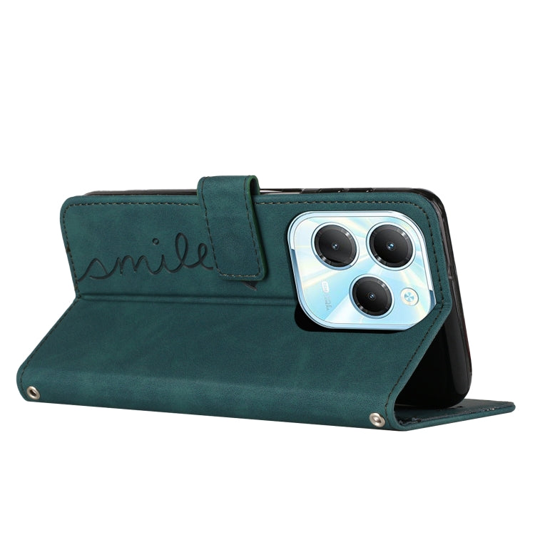 Green leather-look phone wallet case with heart embossed script and side stand strap