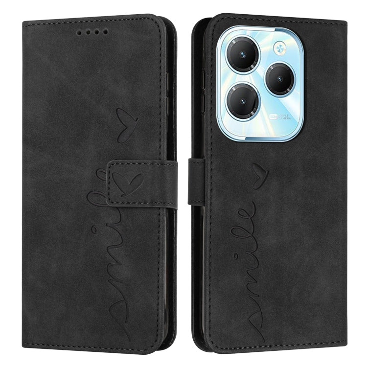 Black leather-look phone wallet case with heart embossed script and rear camera cutout