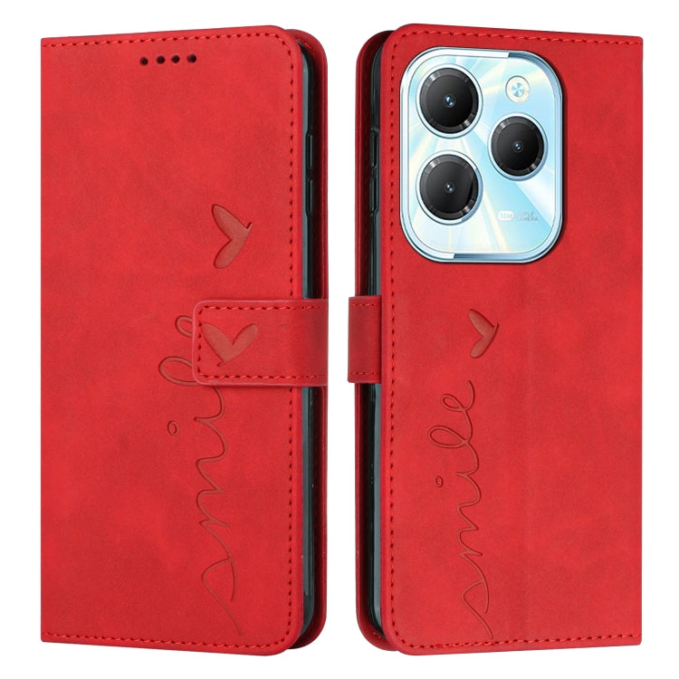Red heart-embossed leather flip phone case with card slot and stitched heart script