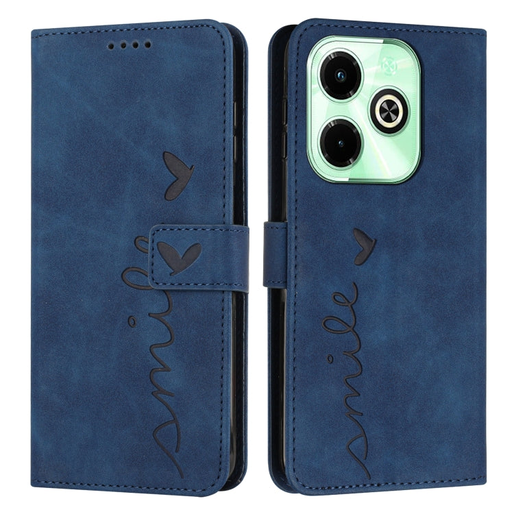 Blue heart-embossed leather flip phone case with card slot and stitched heart script