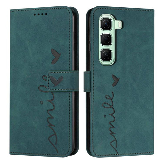 Green leather-look phone case with embossed heart script, side camera cutout, card strap