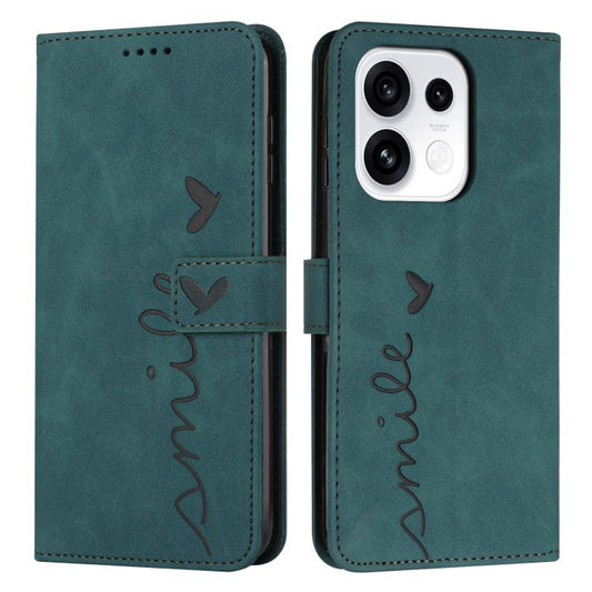 Green embossed leather phone case with heart script and lanyard attachment, front/back view