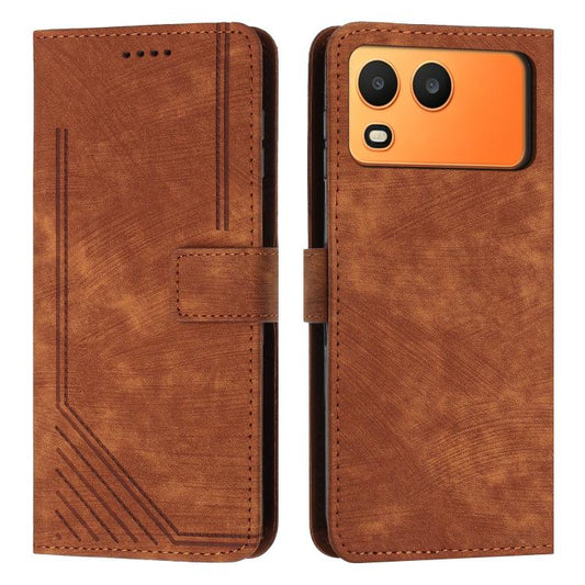 Brown leather folio phone case with stripe pattern, wallet flap, and cutout camera openings.