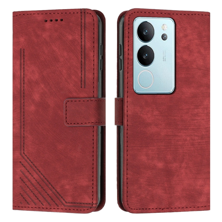 Red leather wallet phone case with card slot and camera cutouts, closed