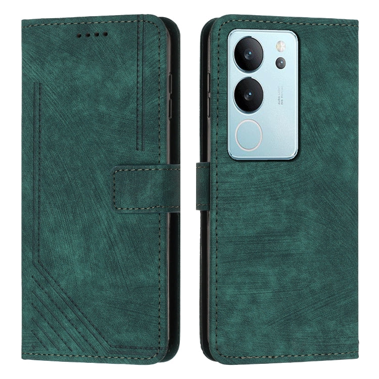 Green leather wallet phone case with card slot and camera cutouts, closed