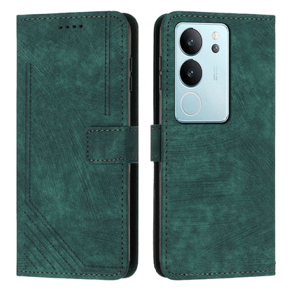 Green leather wallet phone case with card slot and camera cutouts, closed