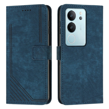 Blue leather wallet phone case with card slot and camera cutout, closed