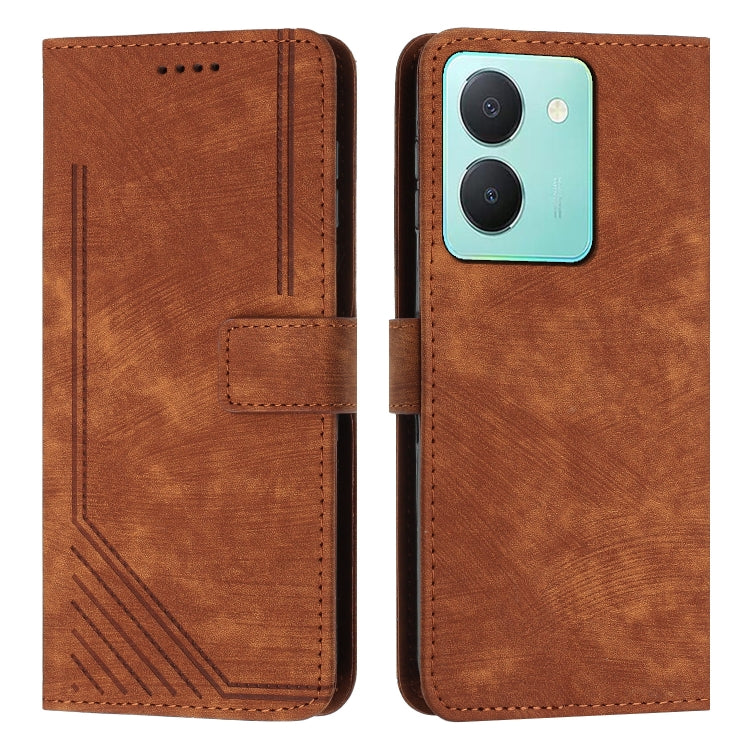 Brown leather wallet phone case with stripe pattern, flip cover and card pocket cutouts