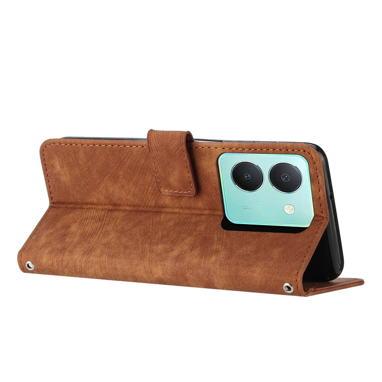 Brown leather flip phone case with stripe texture and built-in kickstand viewing angle