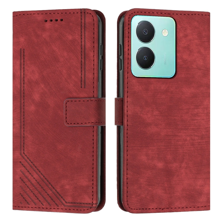Red leather wallet phone case with stripe pattern, flip cover and camera cutout