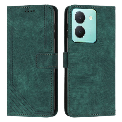 Green leather wallet phone case with stripe pattern, flip cover and camera cutout