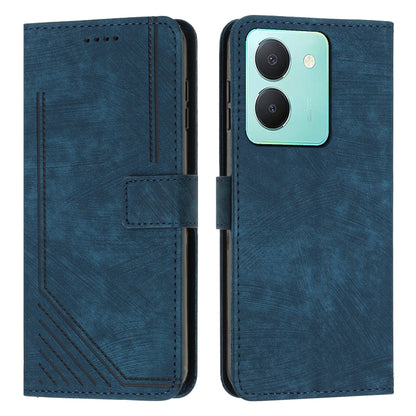 Blue leather wallet phone case with card slot and camera cutout, closed