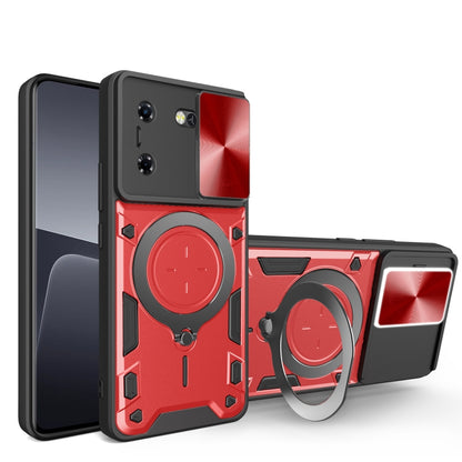 Red rugged phone case with camshield sliding cover and magnetic ring grip