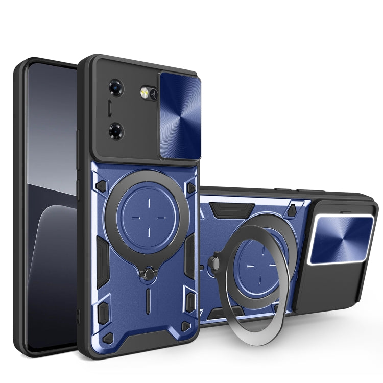 Blue textured phone case with sliding camshield and magnetic ring holder, dual-layer protection