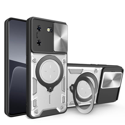Silver textured phone case with sliding camshield and magnetic ring holder, rugged bumper design