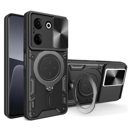 Black rugged phone case with sliding camera shield and magnetic ring holder